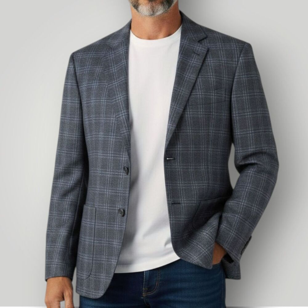 BYRON Men’s Blazer Sport Coat 2-Button Jacket 48R US Blue/Gray Wool/Silk Plaid